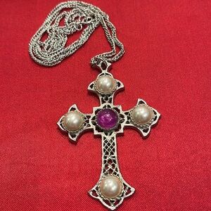 Sarah Coventry Cross and Chain. Faux Pearls & Faux amethyst stone. Vintage